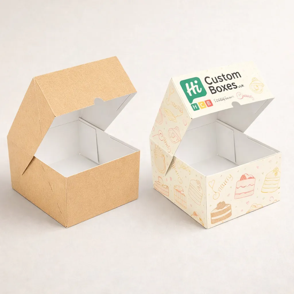 Two white gable boxes with built-in handles, one plain and one featuring custom blue floral branding. class=